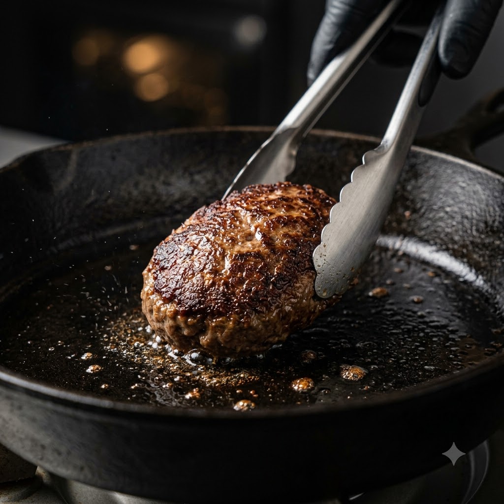 Ein geformtes Fleischpatty bräunt in einer heißen Gusseisenpfanne und wird mit einer Metallzange gewendet.