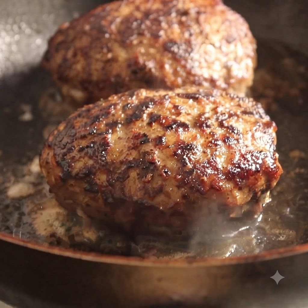Anbratende Fleischpatties in einer Pfanne mit Wasser, das unter einem Glasdeckel dampft.
