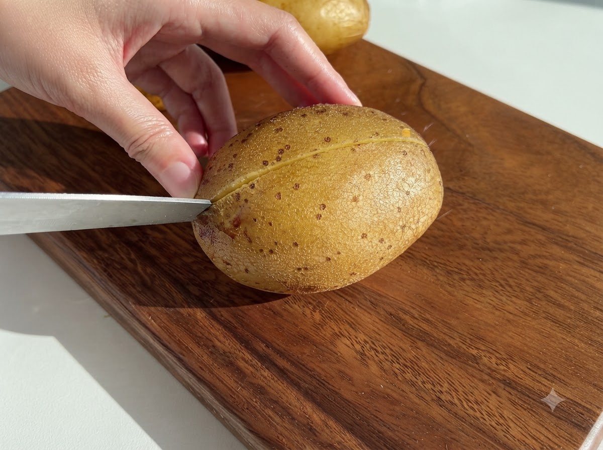 Das weiche Innere einer gebackenen Kartoffel wird in eine Schüssel gelöffelt.
