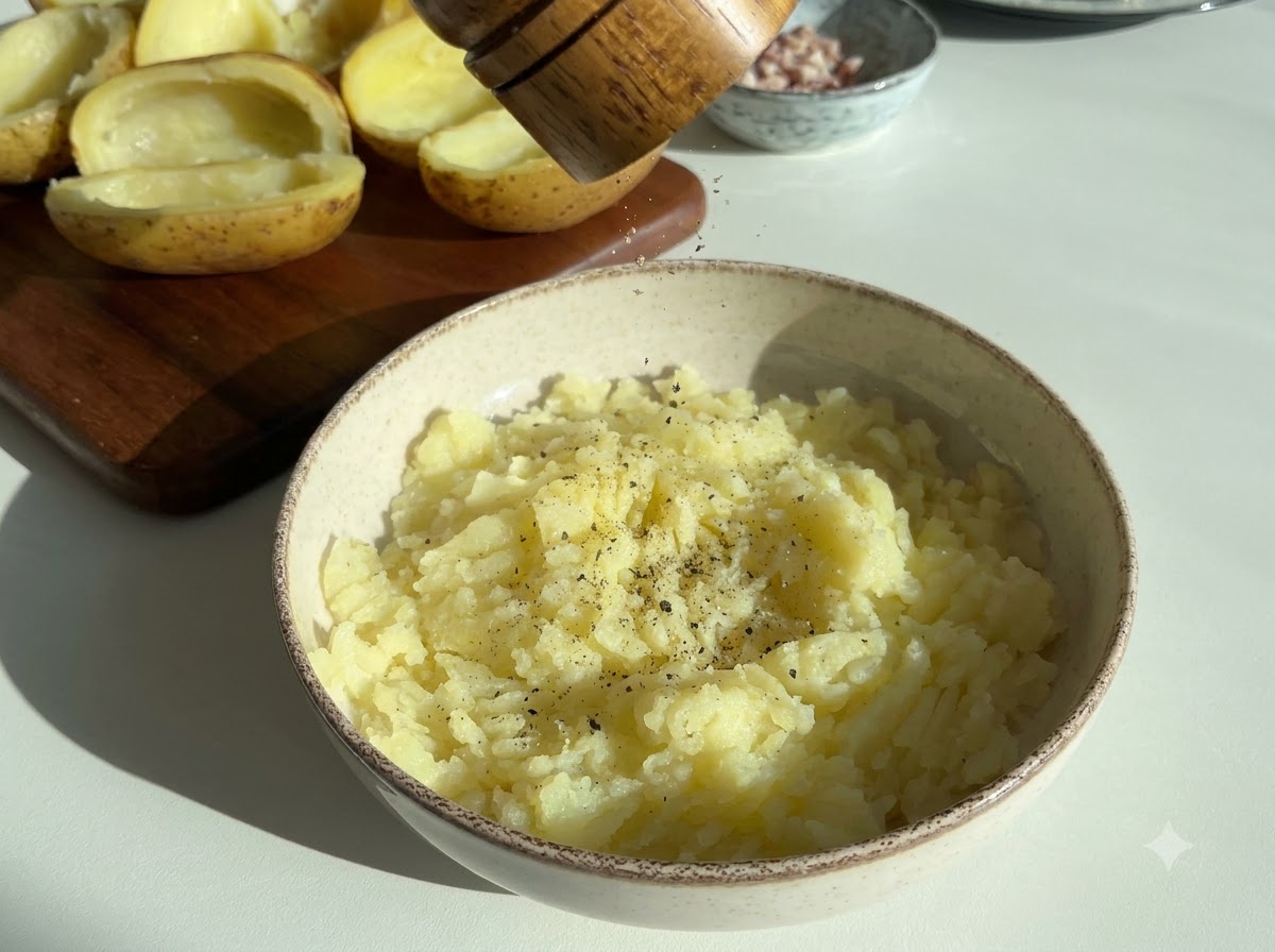 Schwarzer Pfeffer wird über eine Schüssel mit frisch gestampften Kartoffeln gestreut.