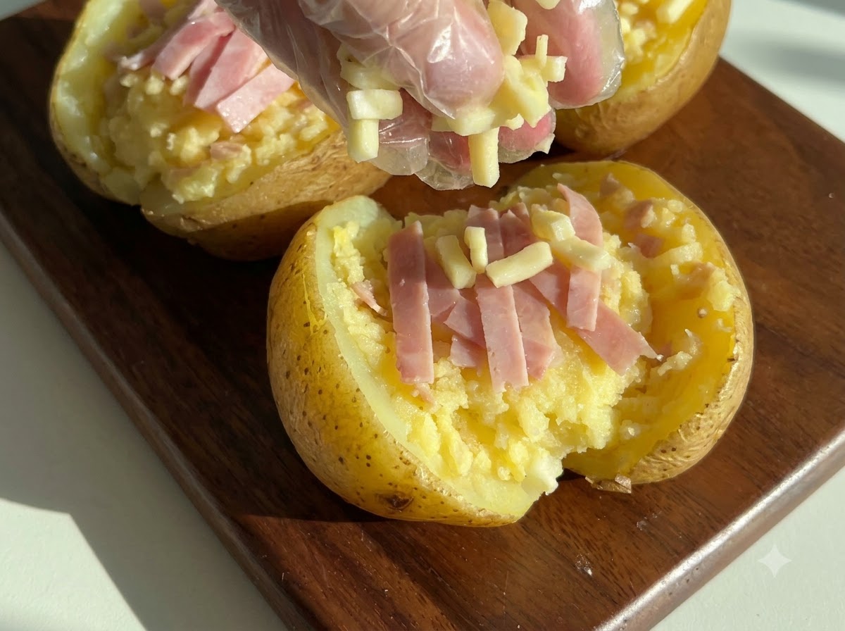 Eine be Handschuhe tragende Hand streut geriebenen Käse und gehackten Schinken über die gefüllten Kartoffelschalen.
