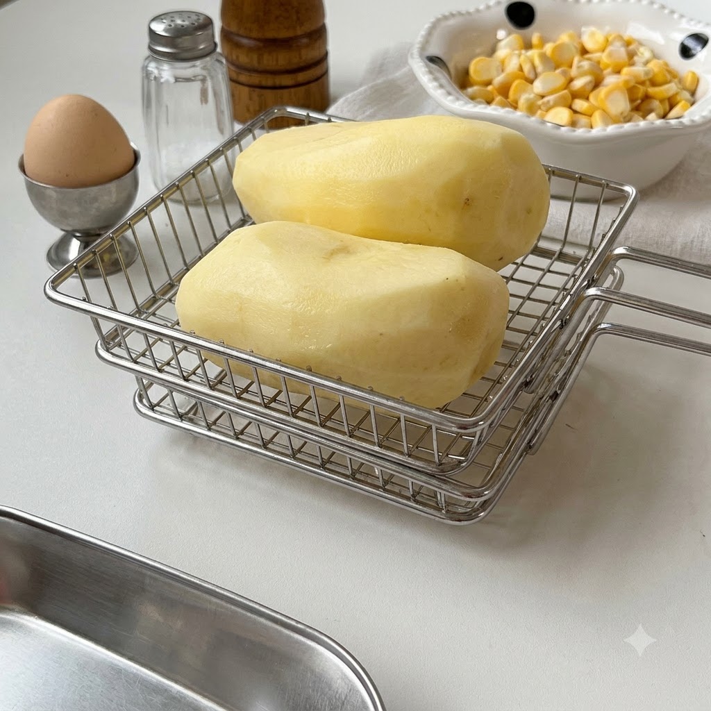 Zwei geschälte rohe Kartoffeln auf einem Gitter neben einer Schüssel Süßmais und einem ganzen Ei auf einer weißen Oberfläche.