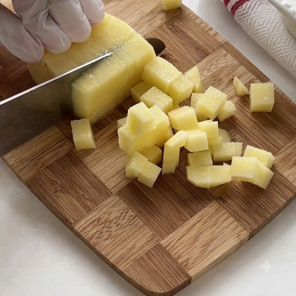 Mit Handschuhen bekleidete Hände schneiden rohe Kartoffeln auf einem Holzschneidebrett in kleine Würfel.