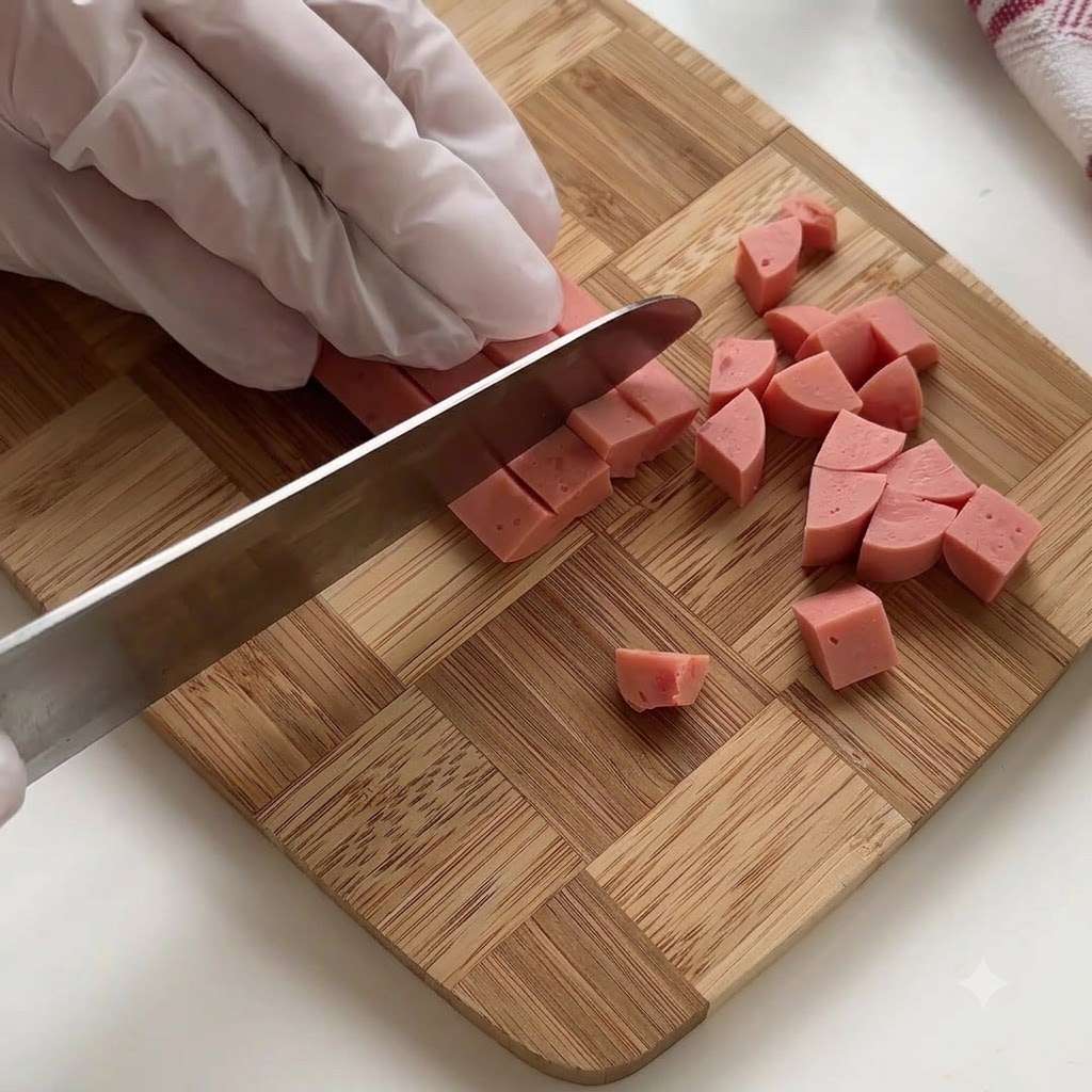 Eine behandschuhte Hand schneidet eine rosa Wurst in kleine Scheiben auf einem Holzbrett.