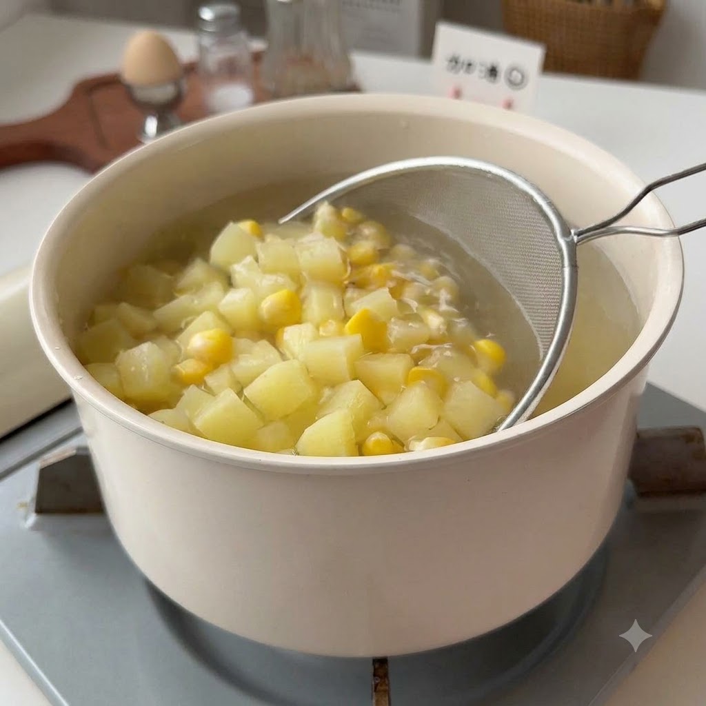 Ein Sieb hebt gekochte Kartoffel- und Maisstücke aus einem Topf mit Wasser.