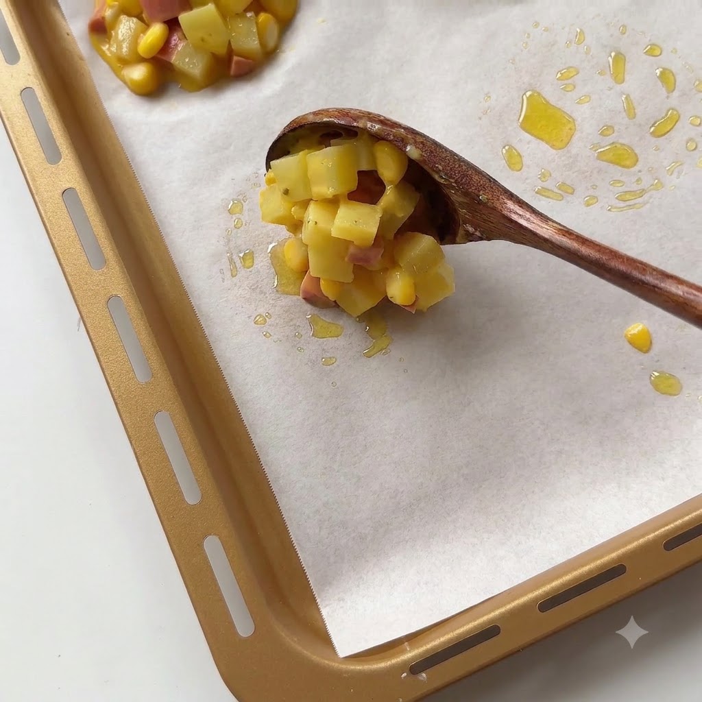Ein Holzlöffel schöpft eine Portion der Kartoffelmasse auf Backpapier auf einem Backblech.