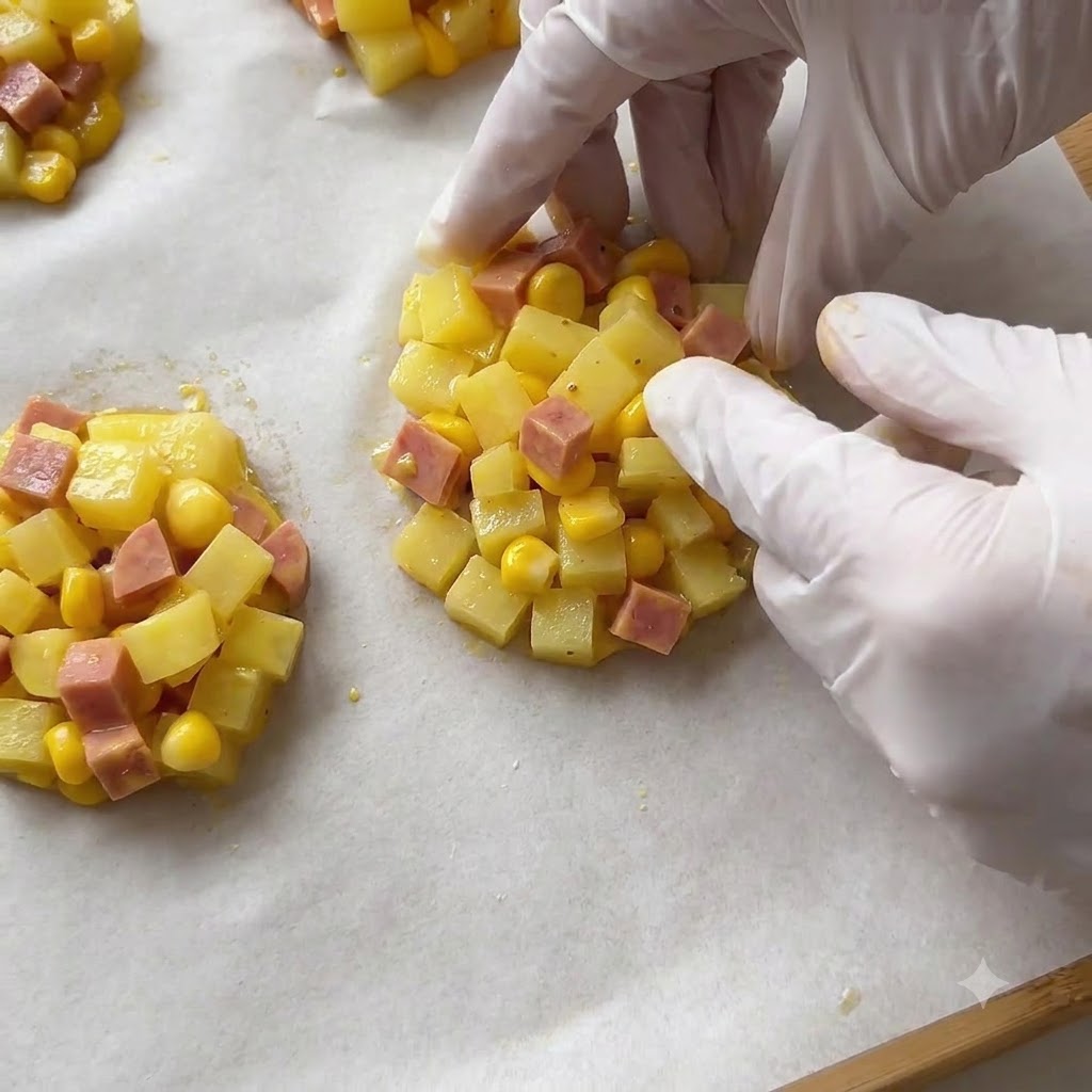 Eine behandschuhte Hand formt die Kartoffel-Mais-Mischung auf einem Backblech zu ordentlichen runden Patties.