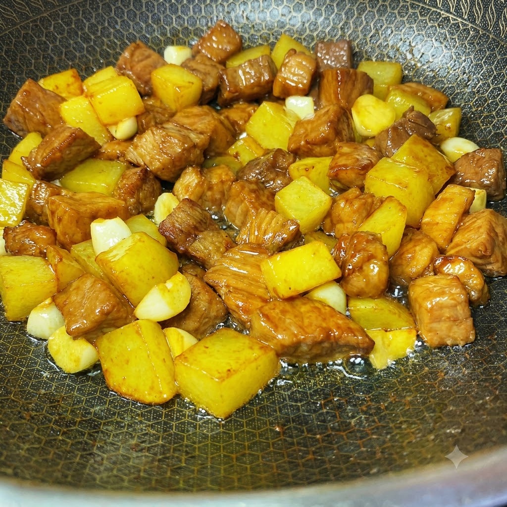 Gewürze wie rotes Chilipulver, Kreuzkümmel und Sesamsamen werden über Fleisch und Kartoffeln im Wok gestreut.