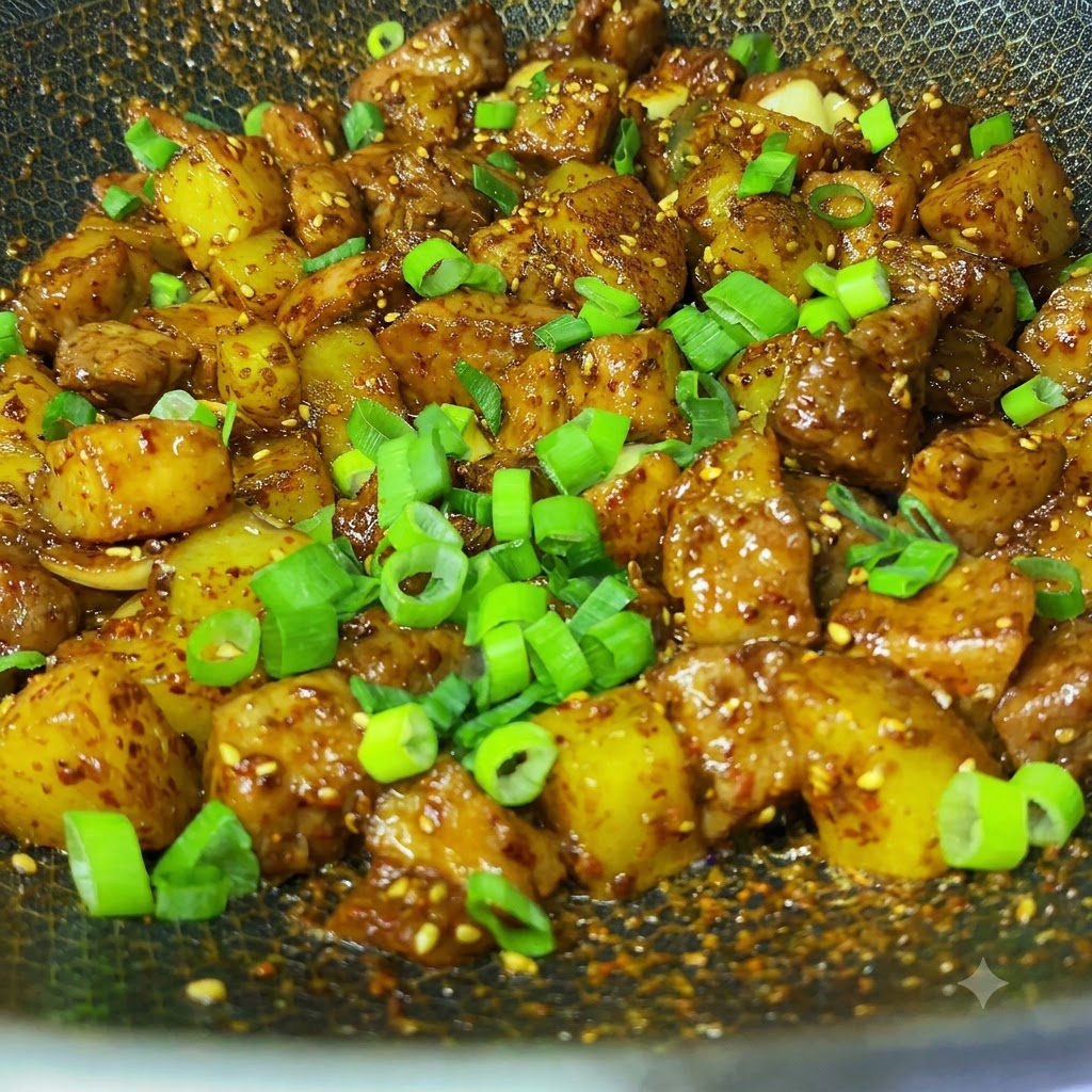 Frisch gehackte grüne Frühlingszwiebeln sind über den fertigen gebratenen Kreuzkümmel-Schweinefleisch- und Kartoffelwürfeln im Wok verstreut.