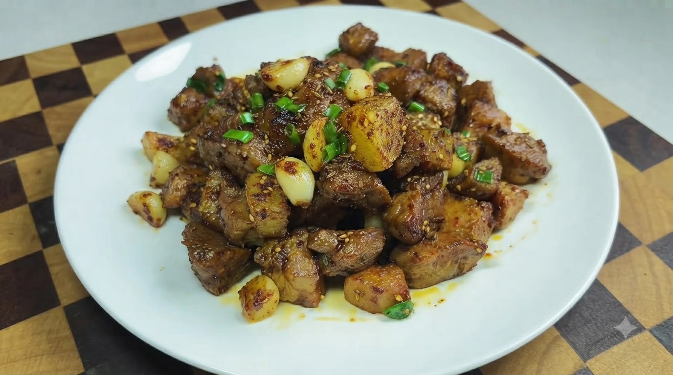 Würzige Kreuzkümmel-Schweinefleisch- und Kartoffelwürfel