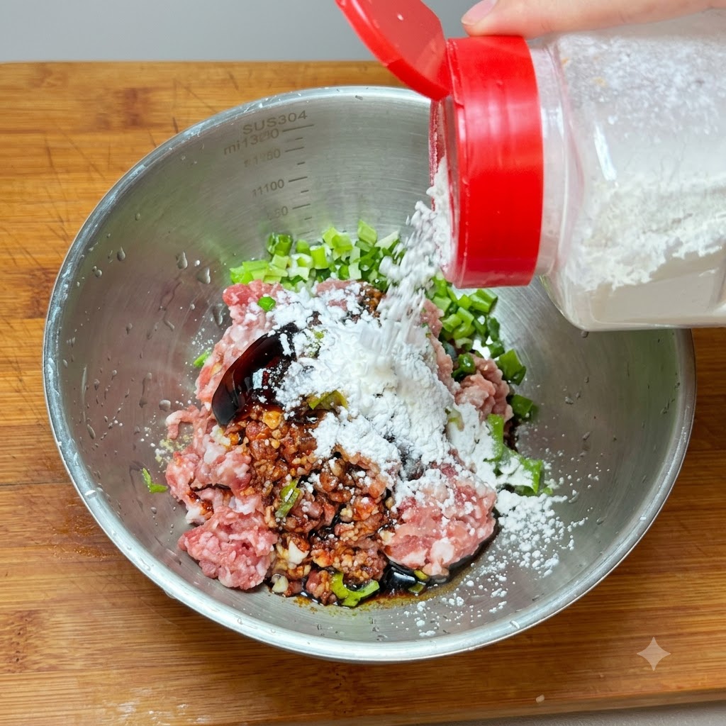 Gewürze und Speisestärke werden in eine Schüssel mit Hackfleisch und Frühlingszwiebeln gegeben.
