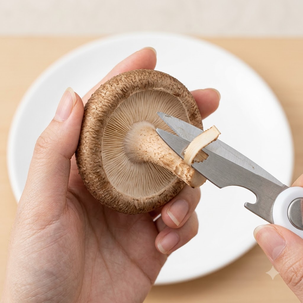 Hände schneiden mit einer Küchenschere den Stiel eines frischen Shiitake-Pilzes ab.