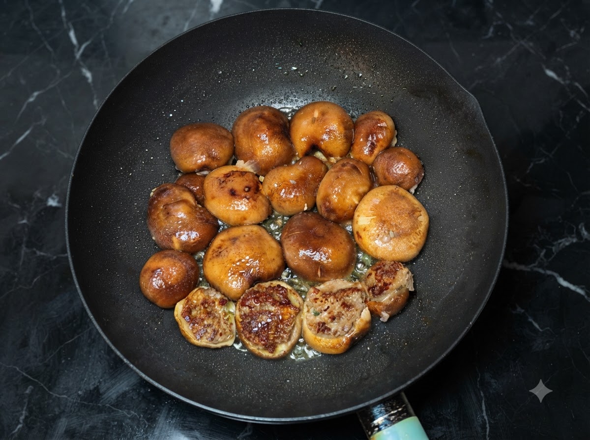 Bratende Shiitake-Pilze in einem Wok, einige bereits gewendet und zeigen goldbraunes Fleisch.