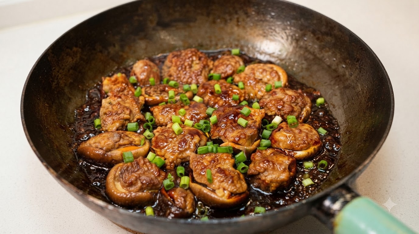 Gebratene Shiitake-Pilze mit herzhafter Fleischfüllung