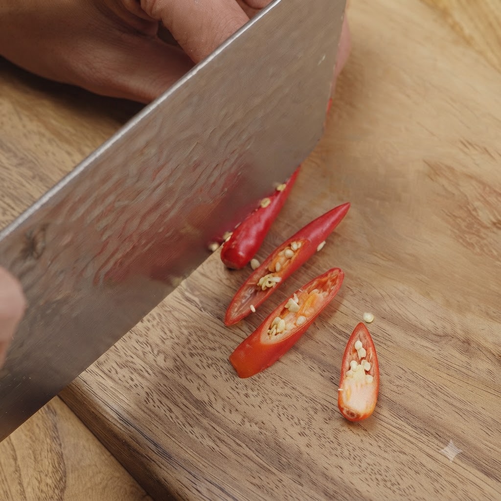 Kleine rote Chilis werden auf einem Holzschneidebrett mit einem Messer diagonal in Ringe geschnitten.