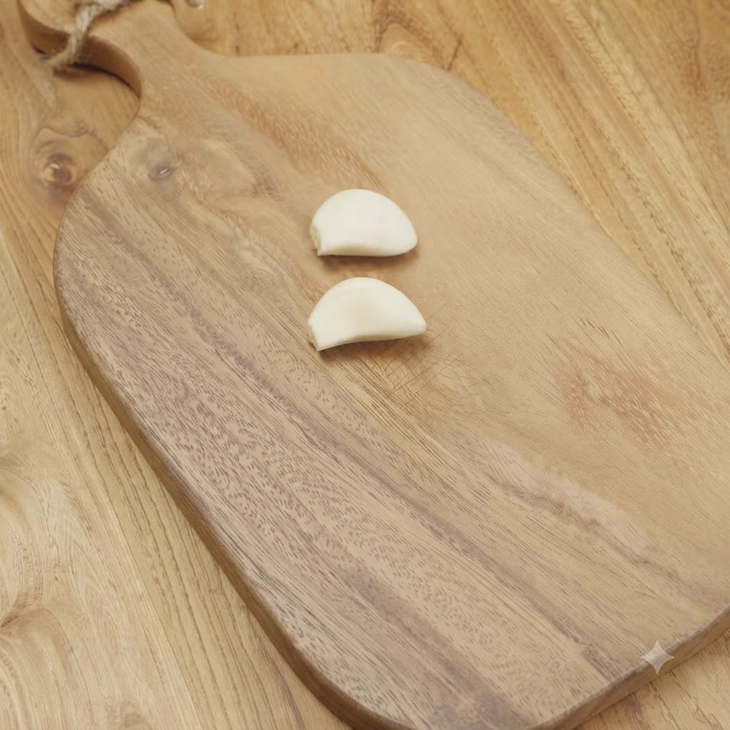 Geschälte Knoblauchzehen liegen auf einem Holzschneidebrett, bevor sie zerdrückt werden.