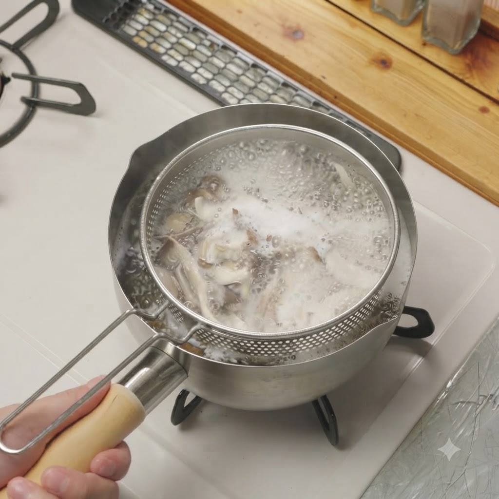 Austernpilze werden mit einem Drahtsieb aus einem Topf mit kochendem Wasser gehoben.