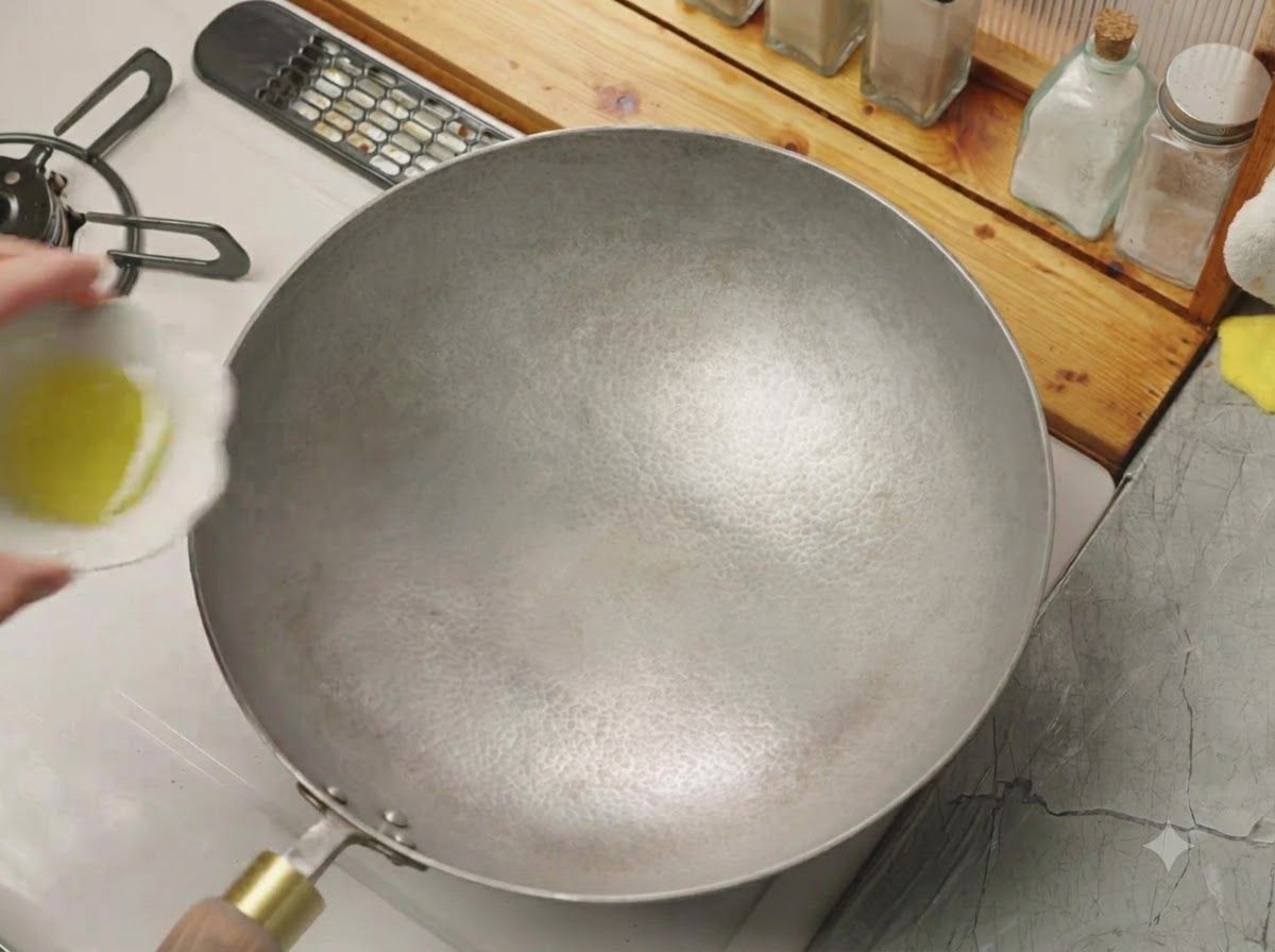 Speiseöl wird aus einer kleinen Schüssel in einen heißen, leeren Wok gegossen.
