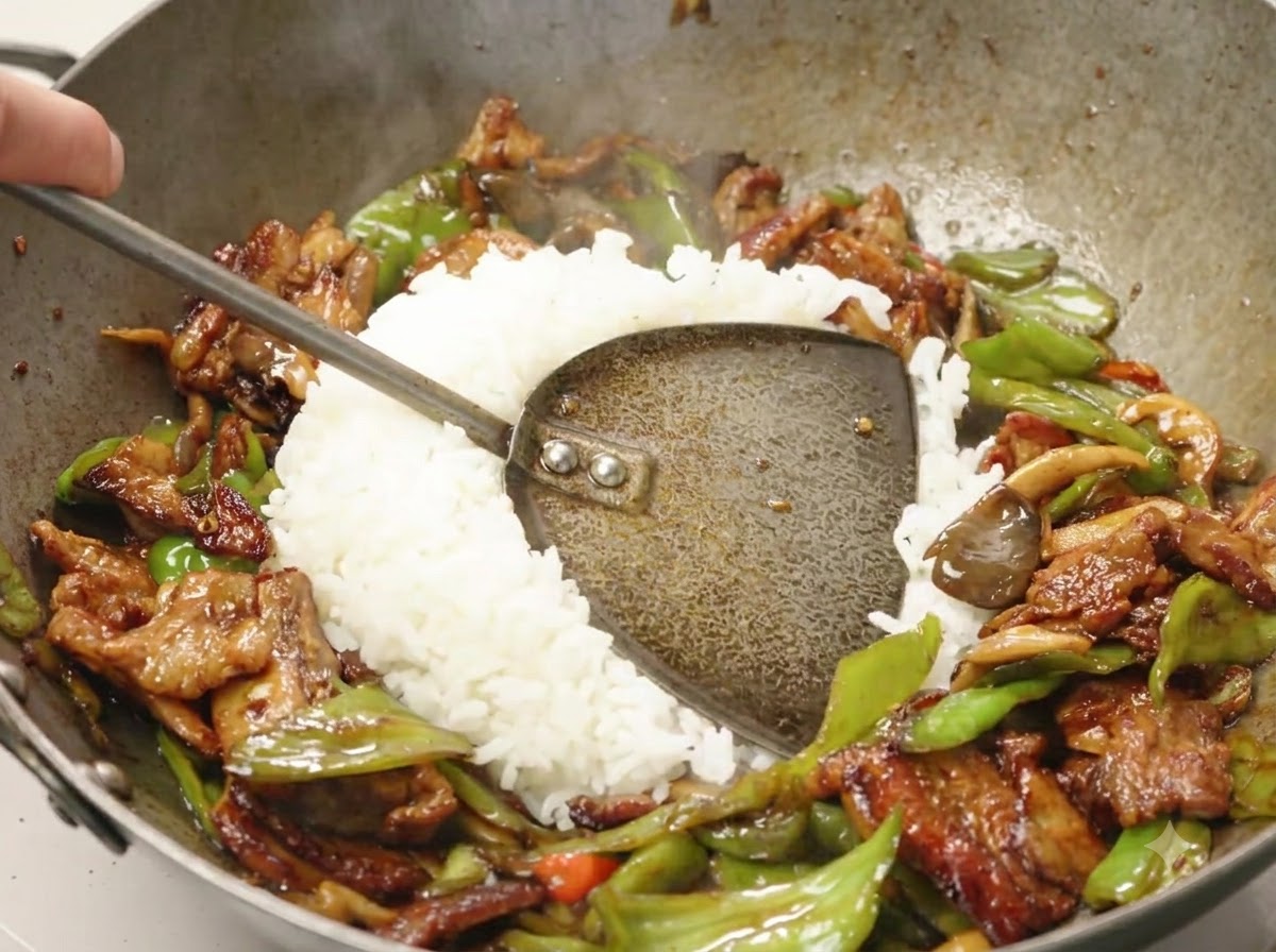Eine Kelle weißer Reis wird in die Mitte des fertigen Pfannengerichts in einem Wok gemischt.