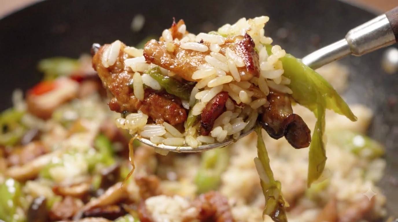 Wok-Schweinefleisch mit Chili und Pilzen