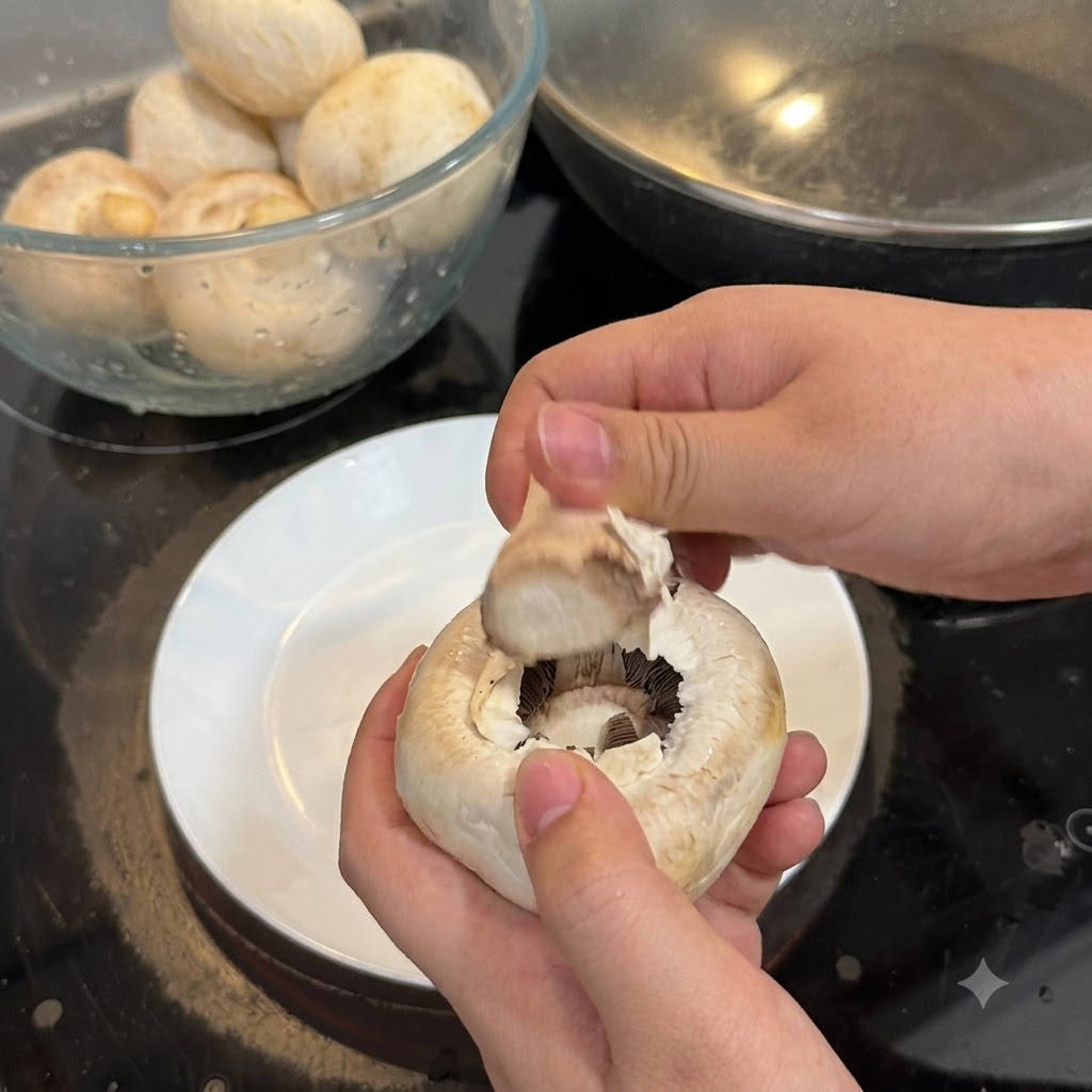 Nahaufnahme von Händen, die die äußere Schicht eines weißen Champignons über einem weißen Teller abziehen.