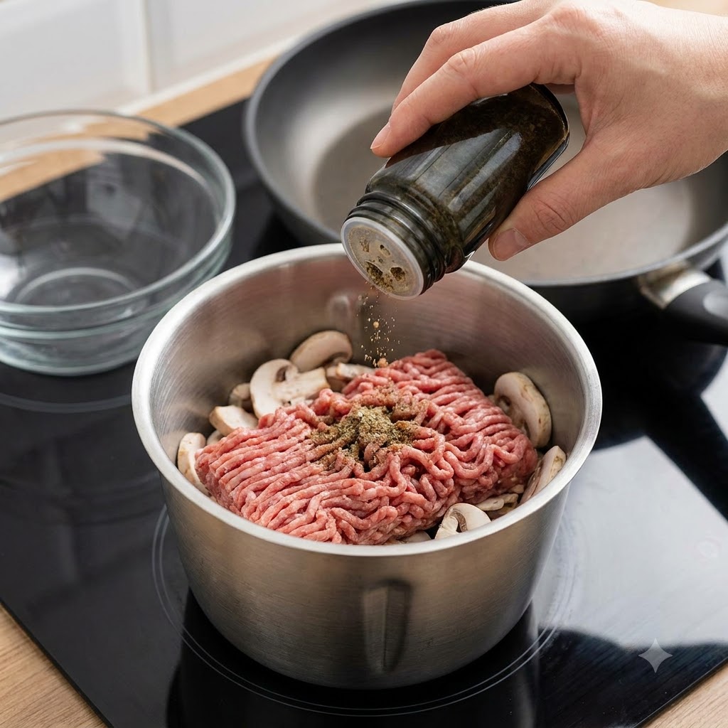 Ein Löffel weißer Zucker wird aus einem Glas in eine Rührschüssel mit rohem Hackfleisch und Pilzen gegeben.