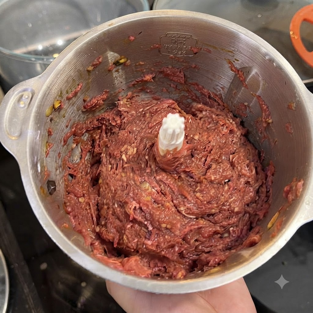 Ansicht von oben in den Edelstahlbehälter einer Küchenmaschine mit fein zerkleinerter, dunkelroter Fleischpaste.