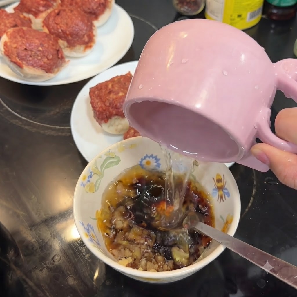 Eine gemusterte Keramikschüssel mit dunkler Soße und gehacktem Knoblauch, während Wasser aus einem Krug hinzugegossen wird.