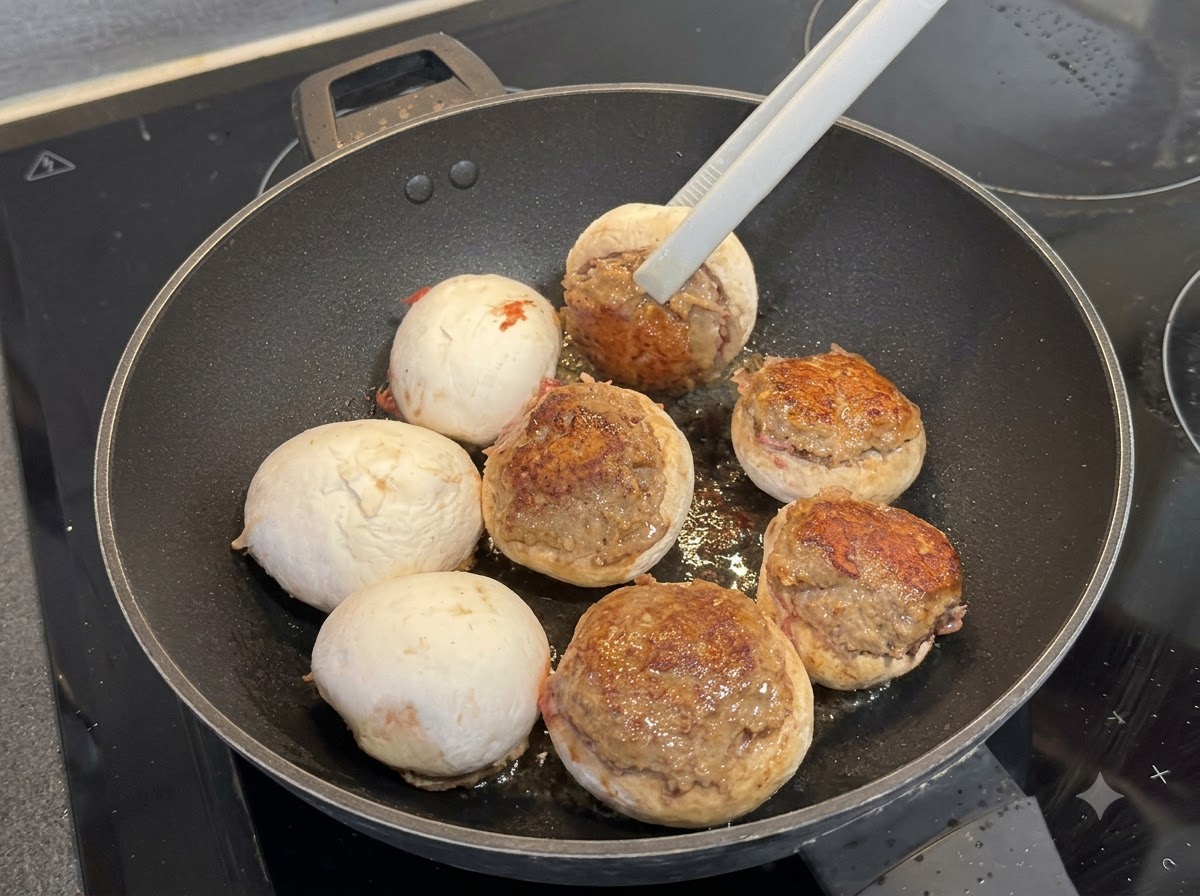 Silikonzange wendet einen gefüllten Champignon in der Pfanne und zeigt eine gebräunte Fleischkruste.