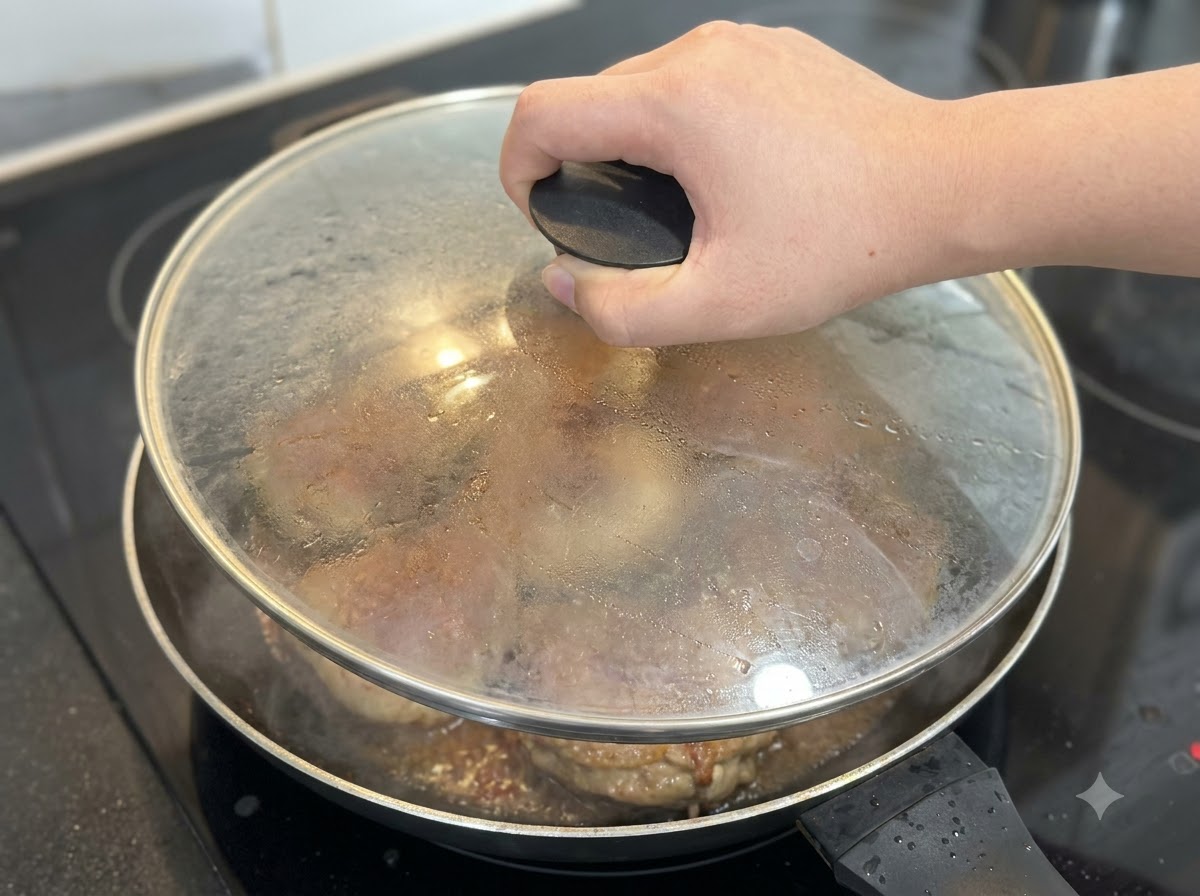 Ein Glasdeckel wird auf eine Pfanne gelegt, um die schmorenden gefüllten Champignons abzudecken.