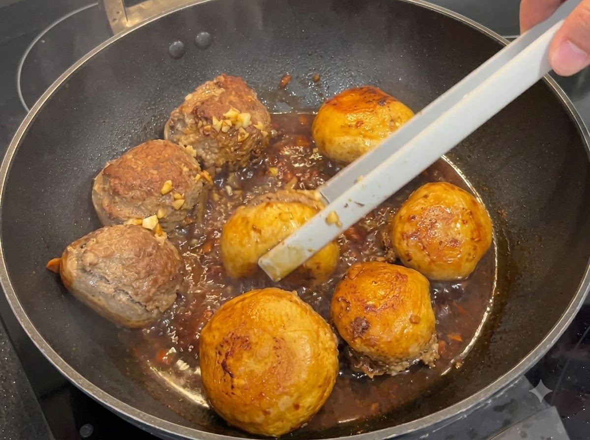 Zange wendet schmorende gefüllte Champignons in einer eindickenden dunklen Soße.