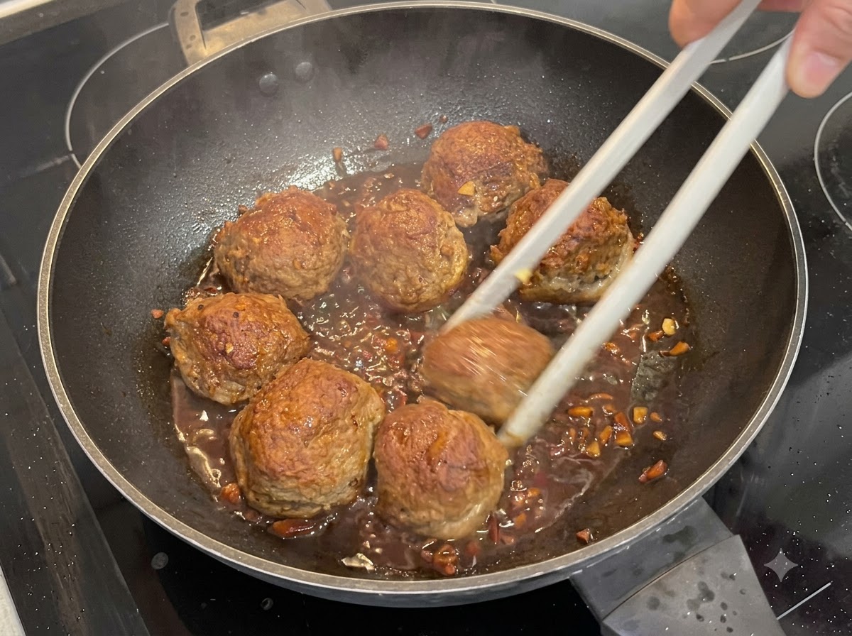 Weiße Sesamsamen und gehackte Frühlingszwiebeln werden über glasierte gefüllte Champignons gestreut.