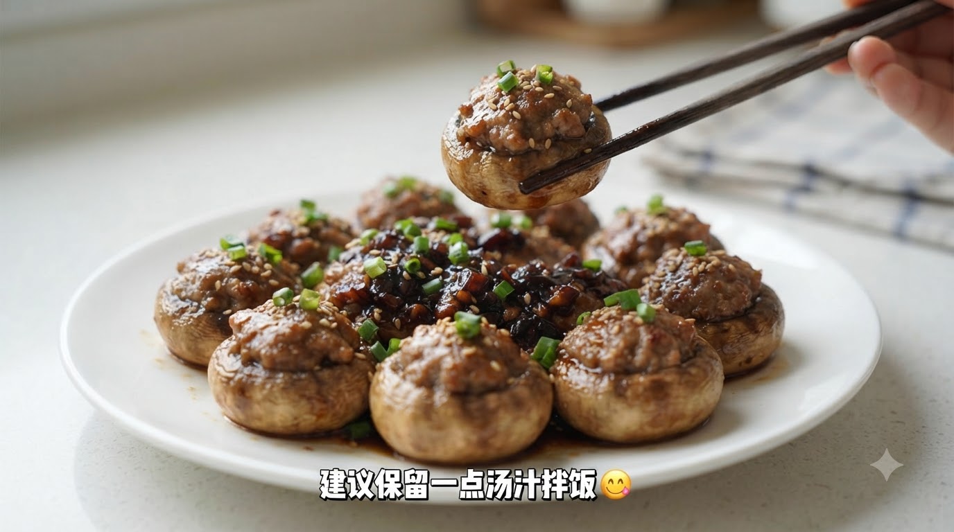 Eine Nahaufnahme von glänzenden, in der Pfanne gebratenen Fleisch-Champignons, überzogen mit einer reichhaltigen Knoblauch-Sojasauce und garniert mit Sesamsamen.