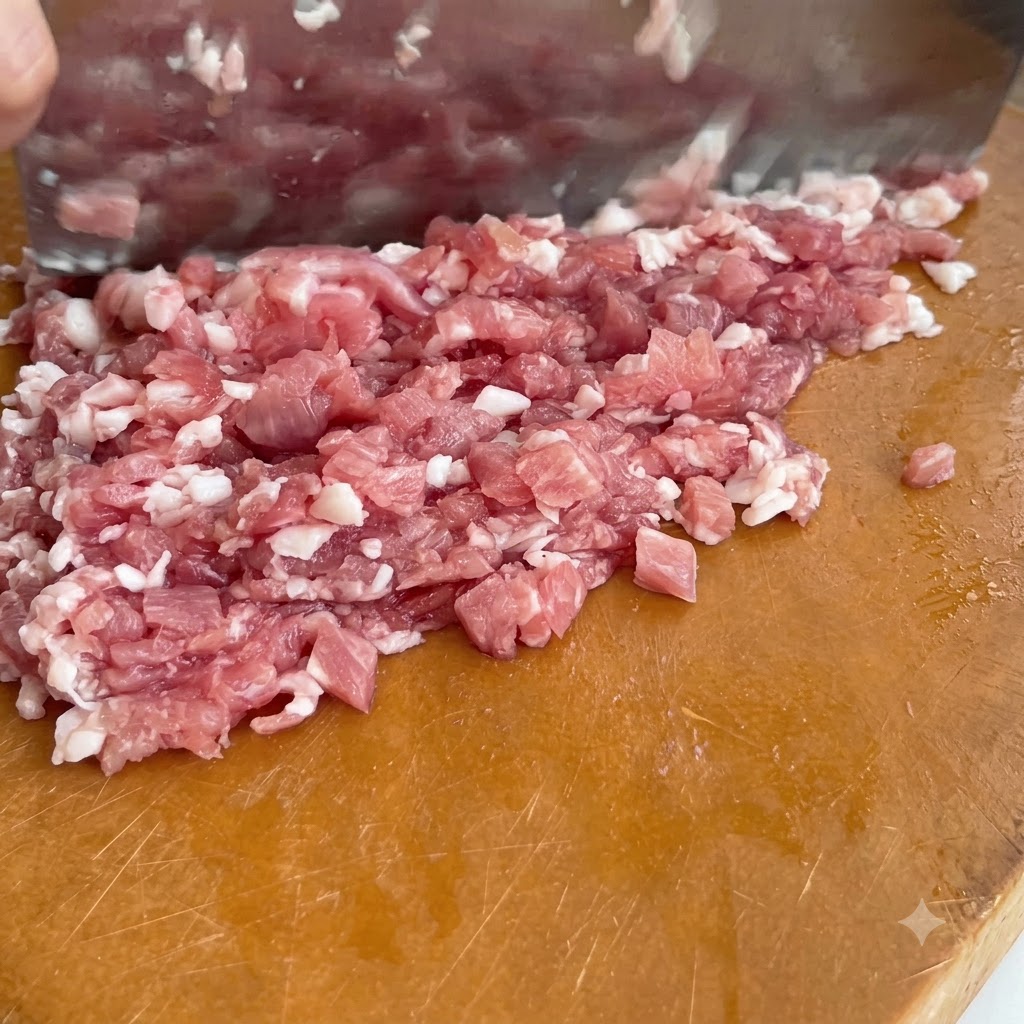 Rohes Schweinefleisch wird mit einem Hackbeil auf einem Holzschneidebrett in kleine Stücke gehackt.