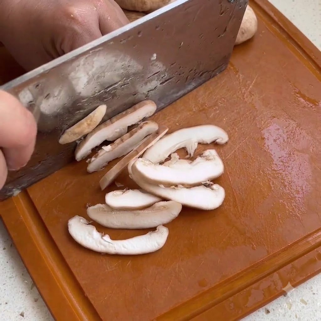 Shiitake-Pilz-Scheiben werden auf einem Holzschneidebrett mit einem Küchenmesser gehackt.