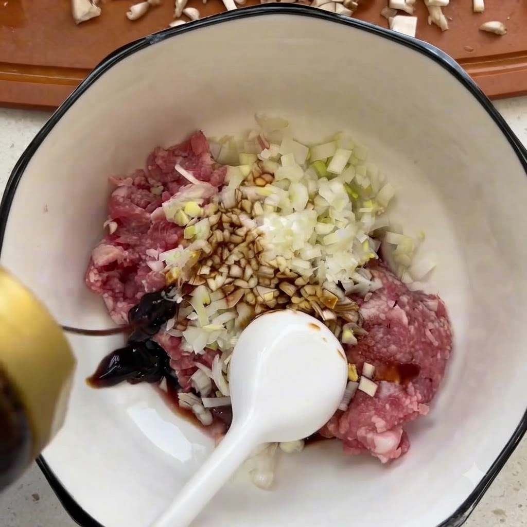 Hackfleisch in einer weißen Schüssel wird mit gehackten Shiitake-Pilzen und flüssigen Gewürzen vermischt.