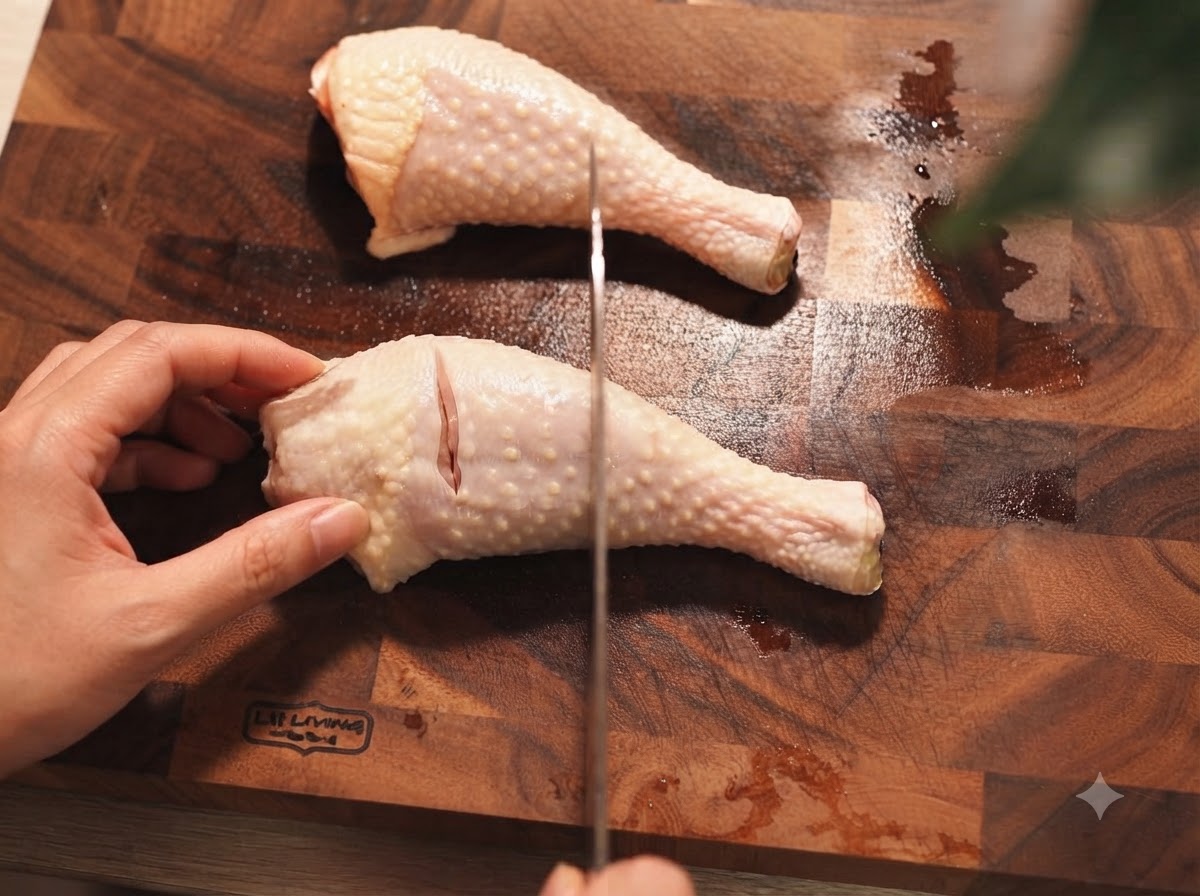 Hände schneiden rohe Hähnchenkeulen mit einem scharfen Messer auf einem Holzschneidebrett ein.