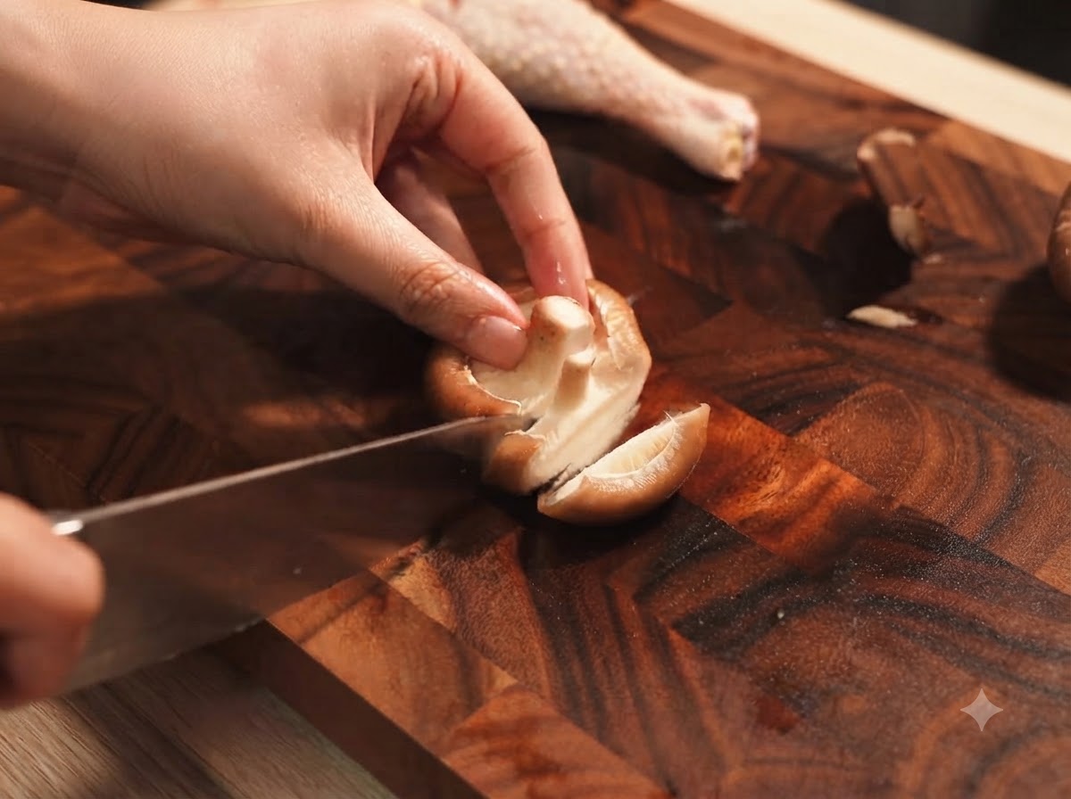 Frische Shiitake-Pilze werden mit einem Messer auf einem Holzbrett in Scheiben geschnitten.