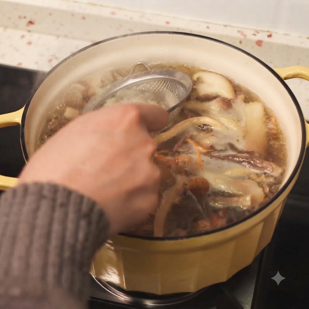 Eine Hand entfernt mit einem feinen Sieb den Schaum aus einem Topf mit kochender Hühnersuppe.