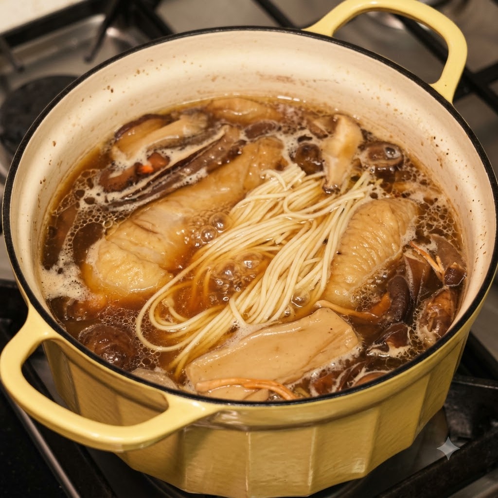 Ein Topf mit Hühner- und Pilznudelsuppe kocht auf dem Herd.
