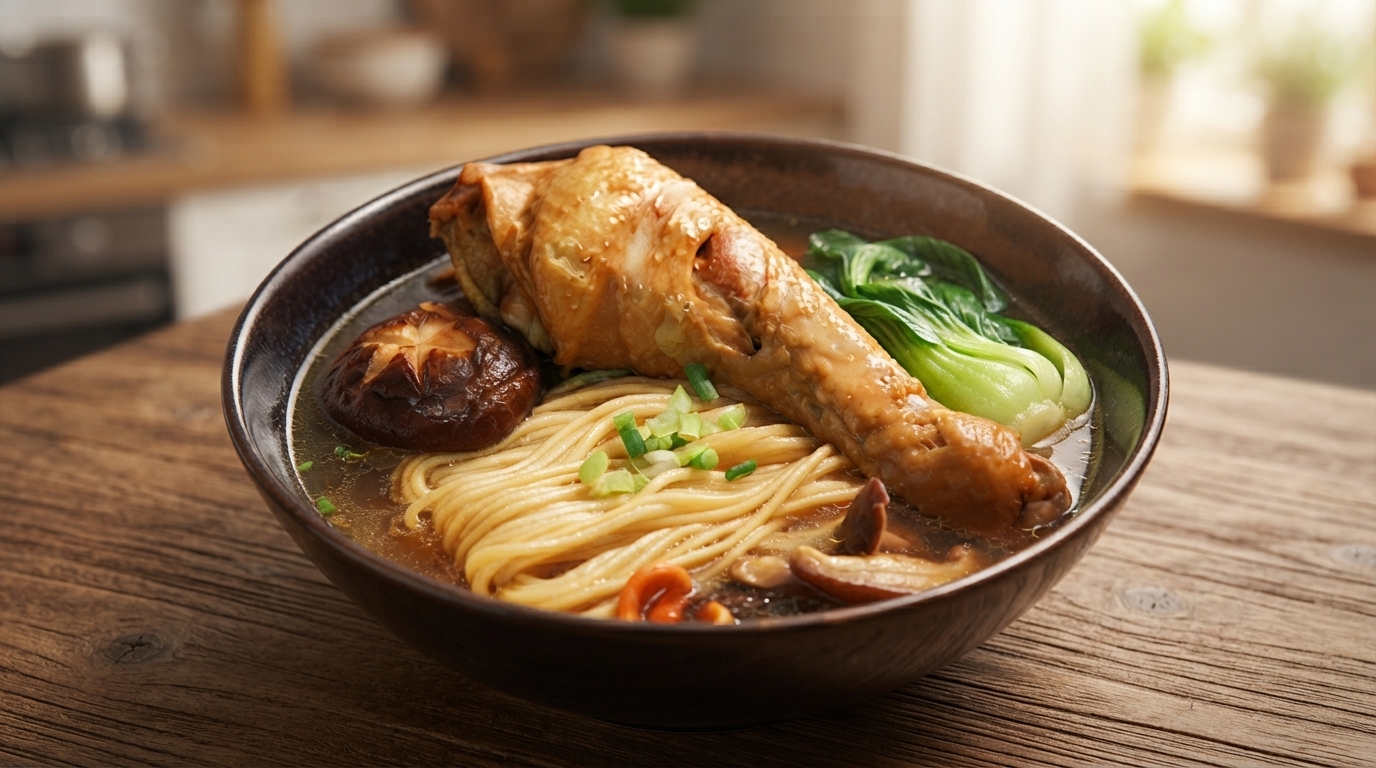 Einfache Hühner-Nudelsuppe mit Pilzen