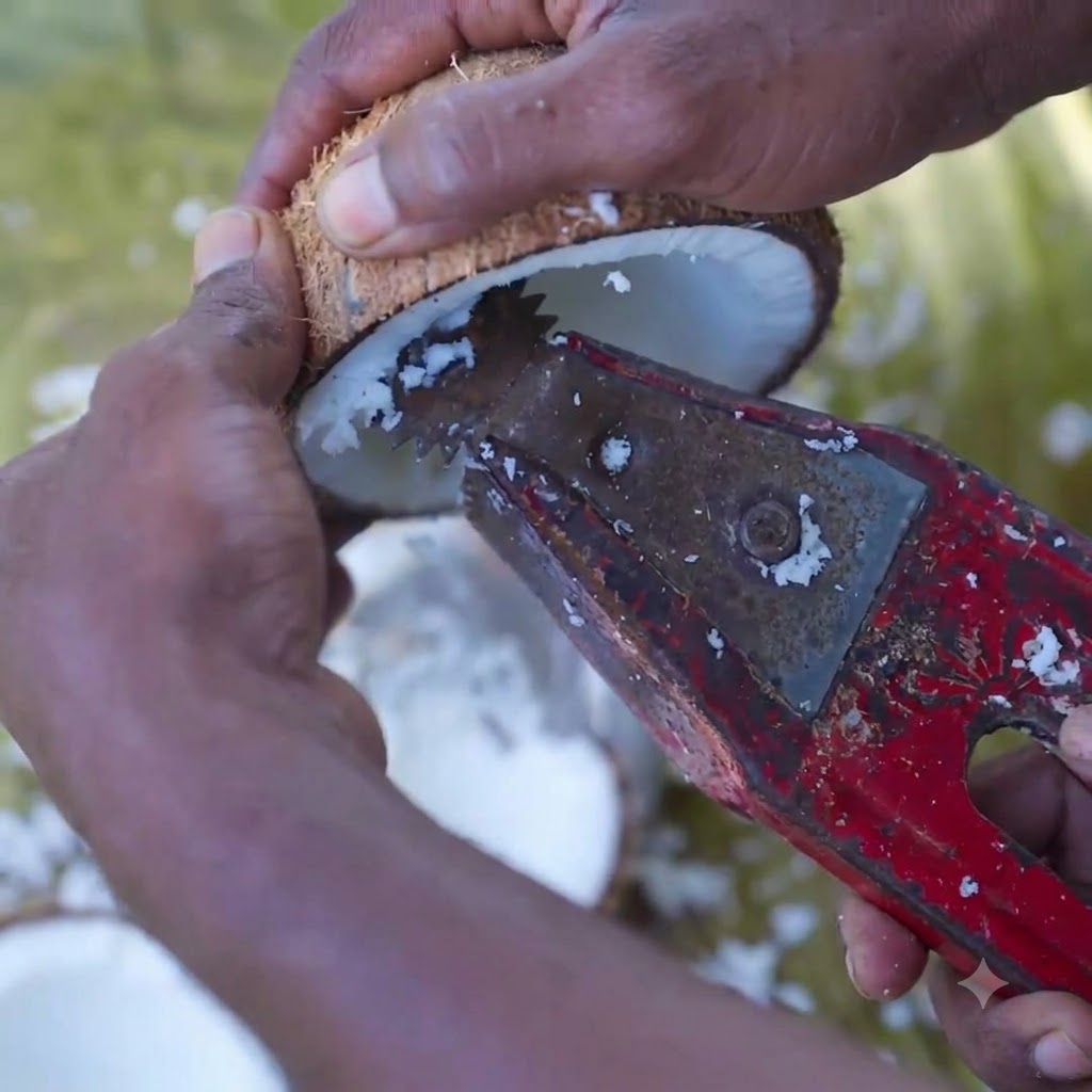 Nahaufnahme von frischem weißem Kokosnussfleisch, das mit einem traditionellen Metall-Handschaber aus einer Kokosnusshälfte geschabt wird.