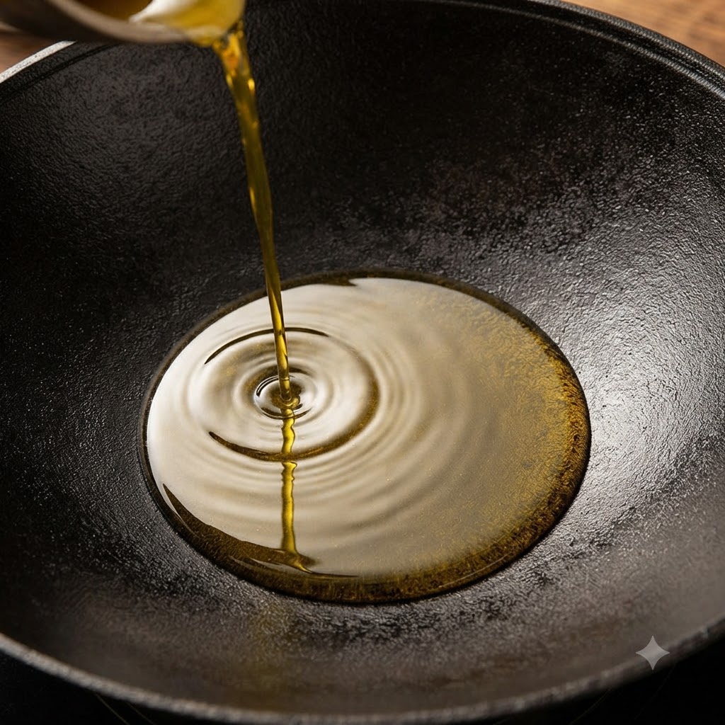 Speiseöl wird von oben in einen großen, eingebrannten schwarzen Eisernen Wok gegossen und wirft Wellen an der Oberfläche.