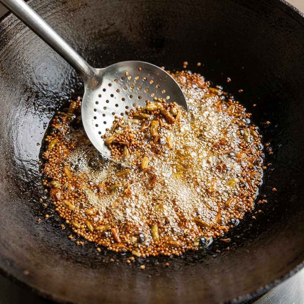 Senfkörner und Linsen brutzeln und sprudeln heftig in heißem Öl in einem großen Eisernen Wok und werden mit einem Schlitzlöffel umgerührt.