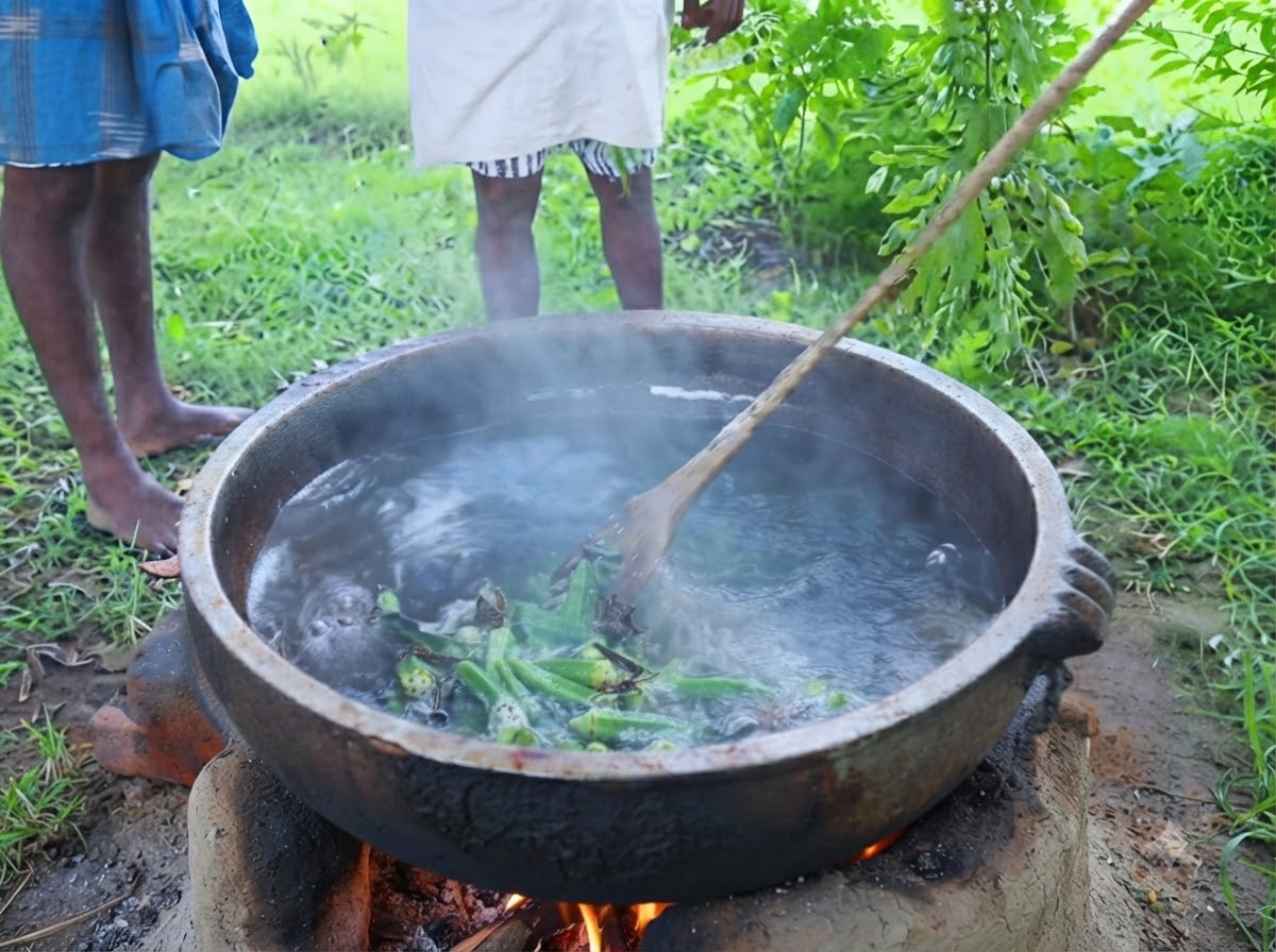 Frische grüne Curryblätter werden direkt von einem Zweig in einen simmering Topf mit gewürztem Öl im Freien abgestreift.
