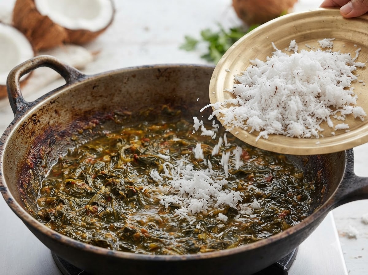 Ein Messingteller mit frisch geriebener weißer Kokosnuss wird in einen köchelnden dunklen Topf mit Essen gestreut.
