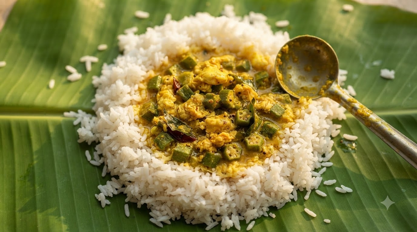 Eine Portion indisches Okra-Eier-Curry über lockerem weißem Reis auf einem frischen grünen Bananenblatt.