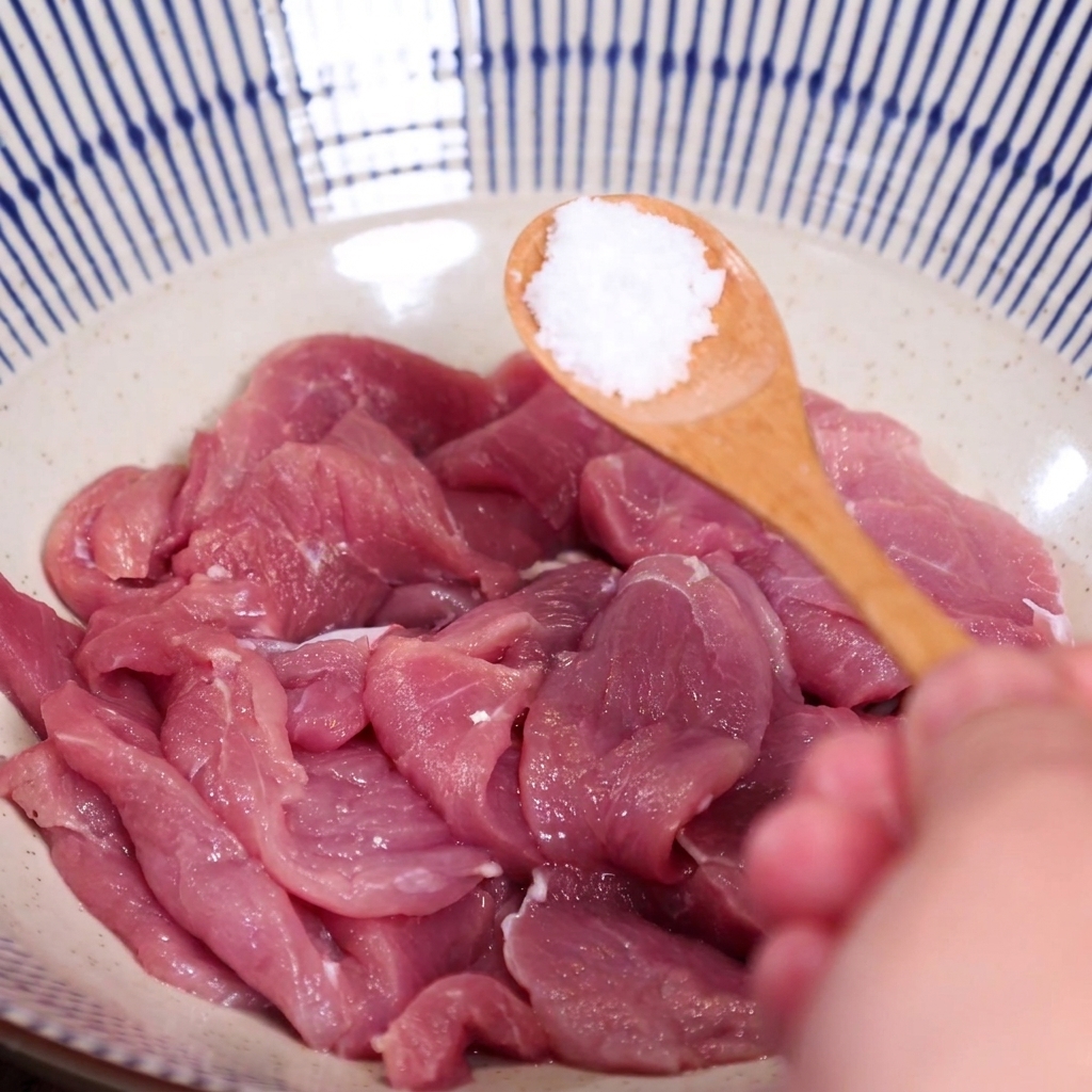 Ein Holzlöffel gibt Salz in eine Schüssel mit dünn geschnittenem, rohem Schweinefleisch.