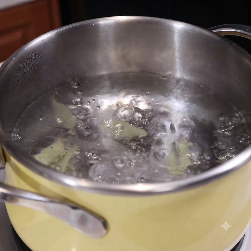 Muscheln und Tofuwürfel köcheln in einem Topf mit kochendem Wasser und Ingwerscheiben.