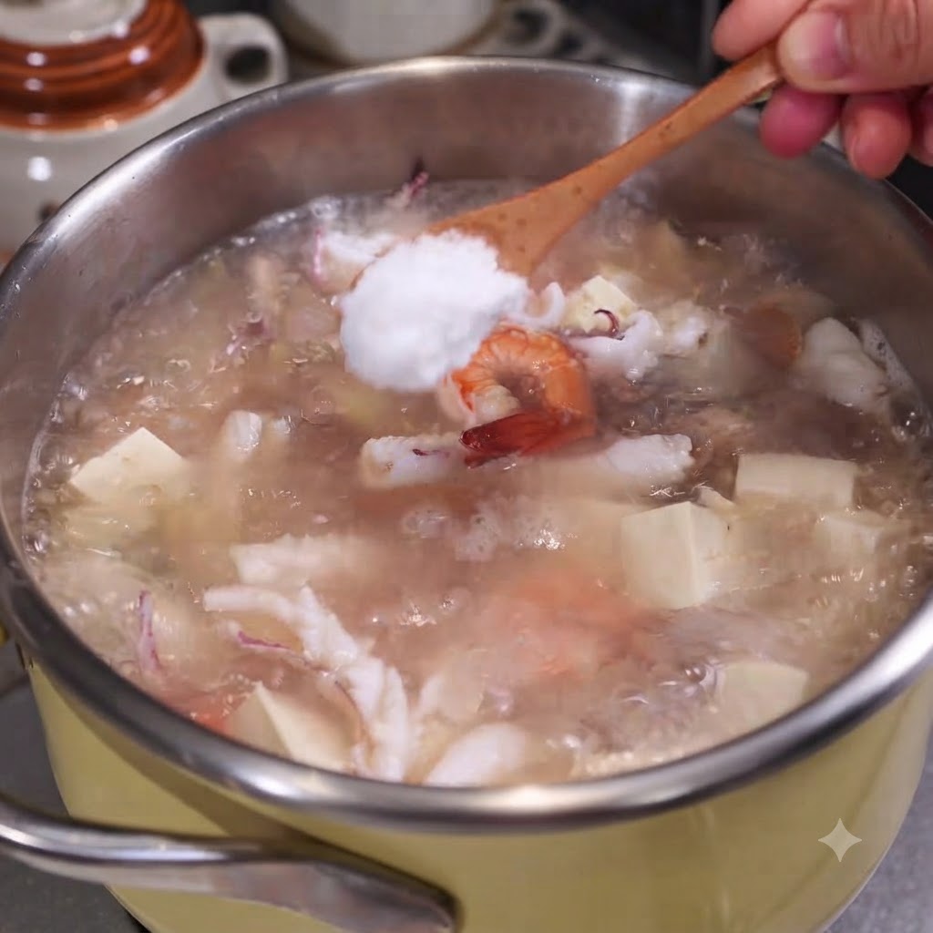 Ein Löffel Salz wird in einen simmernden Topf mit Meeresfrüchte- und Tofusuppe gegeben.
